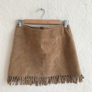 Vintage Camel Suede Leather Fringe Mini Skirt